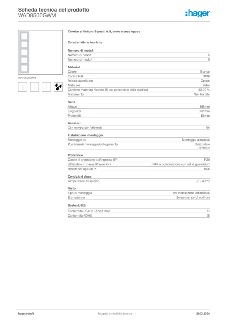 Immagine Hager Scheda tecnica del prodotto WAD8500GWM | Hager Italia