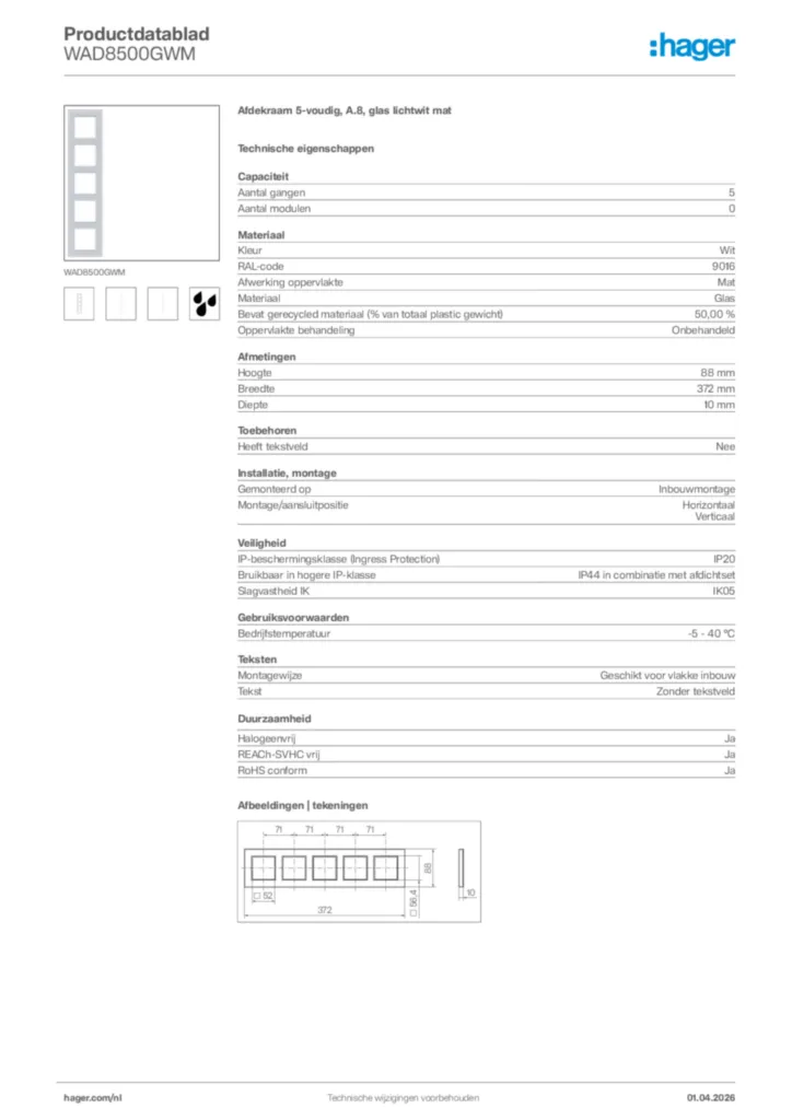 Afbeelding Hager Productdatablad WAD8500GWM | Hager Nederland