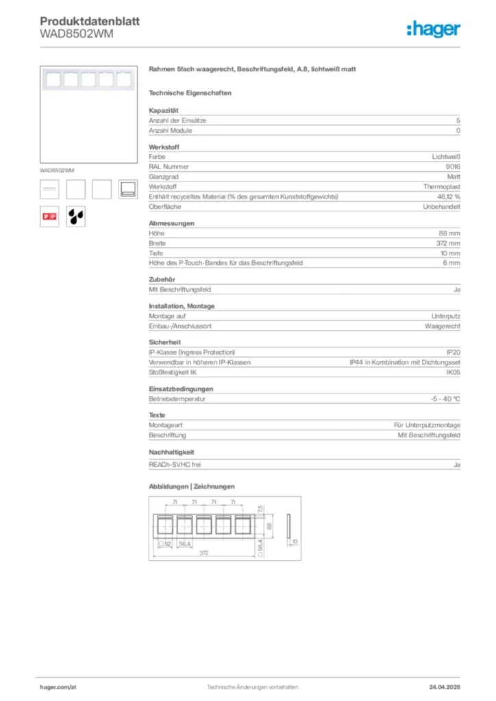 Bild Hager Produktdatenblatt WAD8502WM | Hager Deutschland
