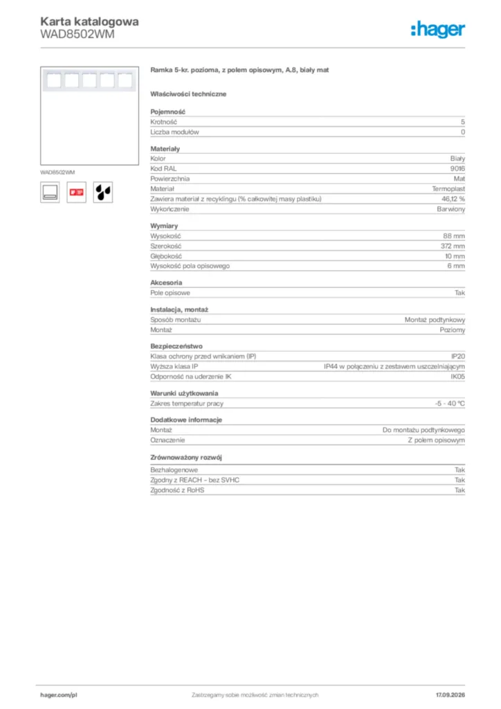 Zdjęcie Hager Karta katalogowa WAD8502WM | Hager Polska