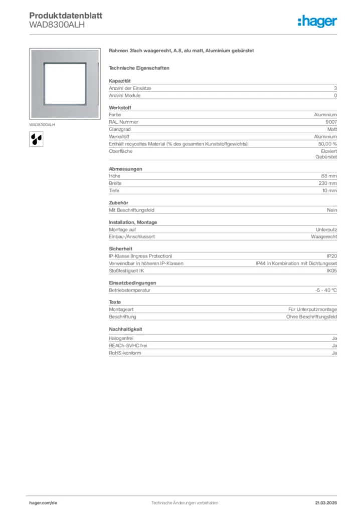 Bild Hager Produktdatenblatt WAD8300ALH | Hager Deutschland