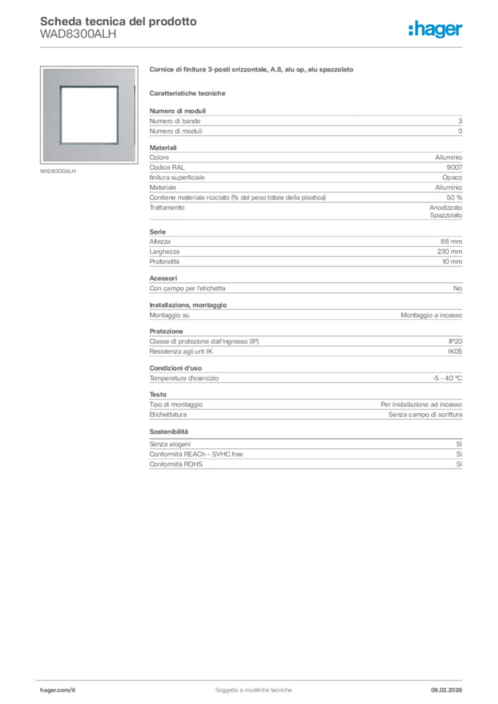 Immagine Hager Scheda tecnica del prodotto WAD8300ALH | Hager Italia