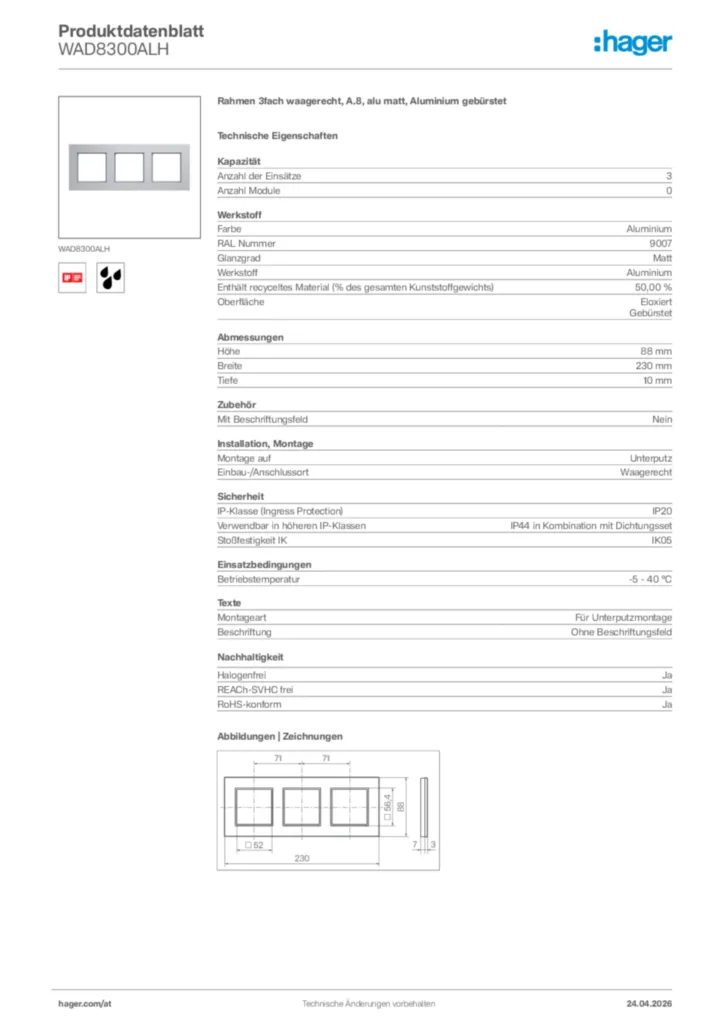 Bild Hager Produktdatenblatt WAD8300ALH | Hager Deutschland