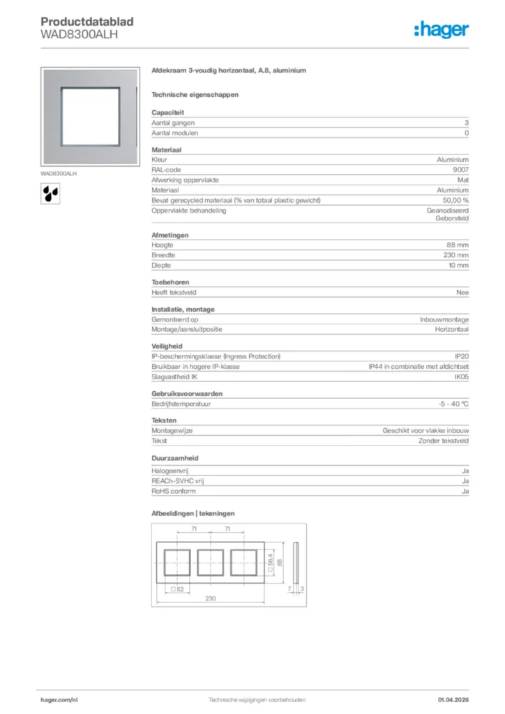 Afbeelding Hager Productdatablad WAD8300ALH | Hager Nederland