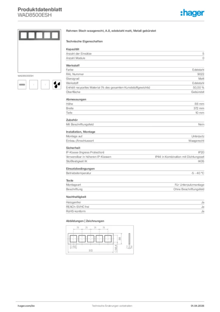 Bild Hager Produktdatenblatt WAD8500ESH | Hager Deutschland