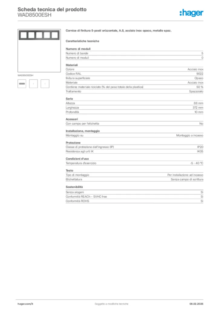 Immagine Hager Scheda tecnica del prodotto WAD8500ESH | Hager Italia
