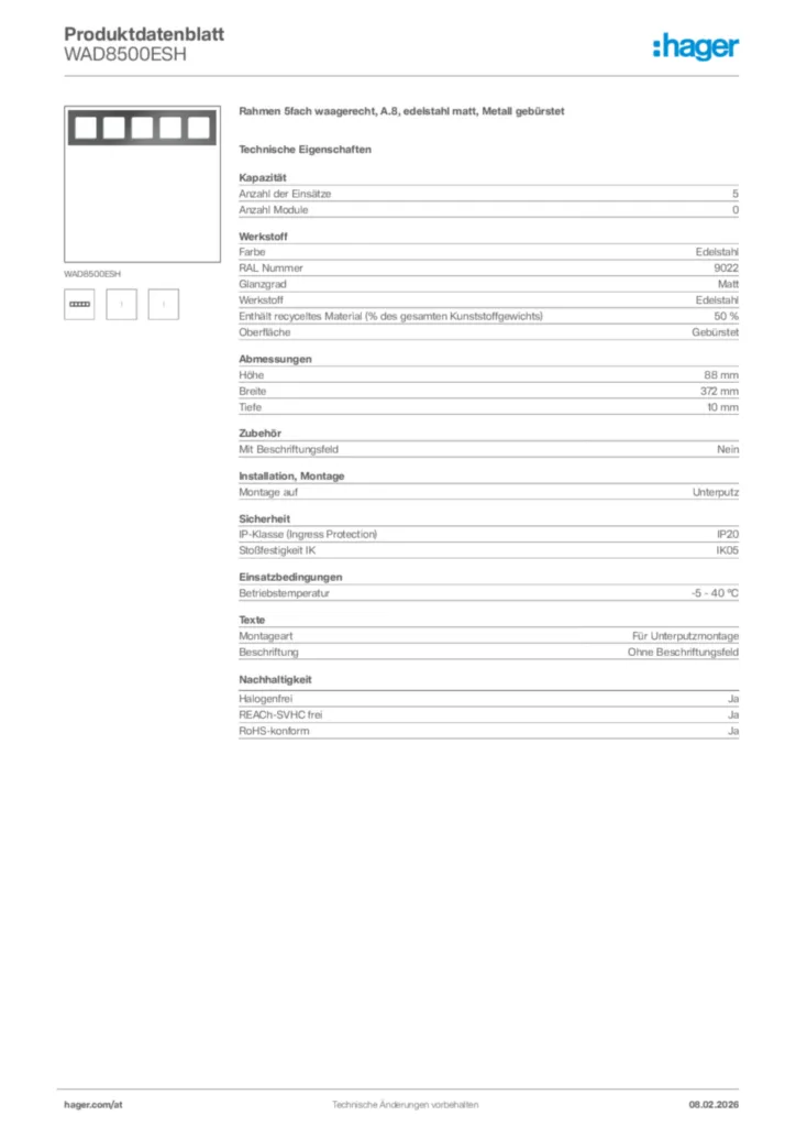 Bild Hager Produktdatenblatt WAD8500ESH | Hager Deutschland