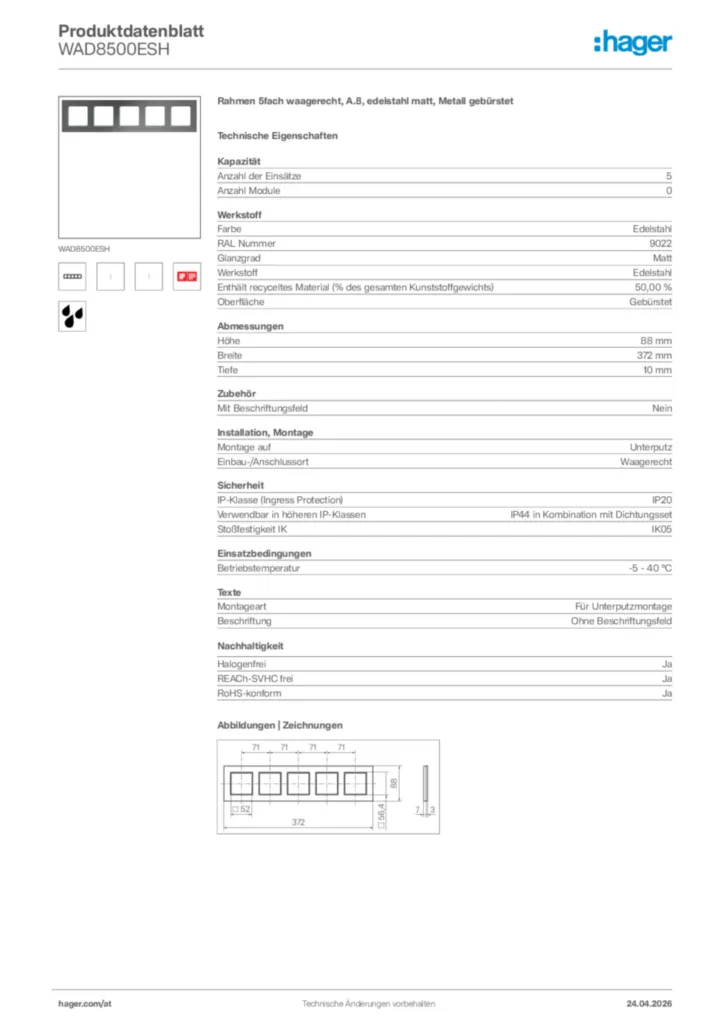 Bild Hager Produktdatenblatt WAD8500ESH | Hager Deutschland