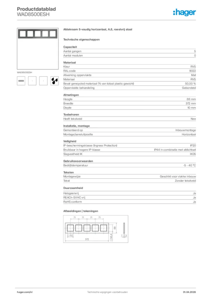 Afbeelding Hager Productdatablad WAD8500ESH | Hager Nederland