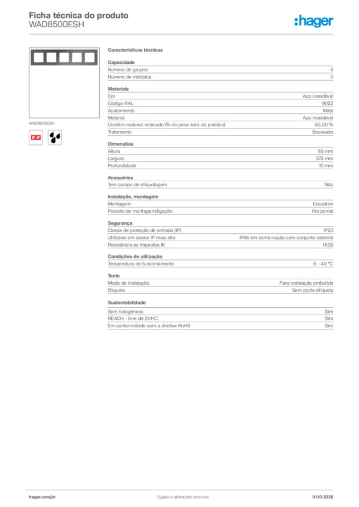 Imagem Hager Ficha técnica do produto WAD8500ESH | Hager Portugal