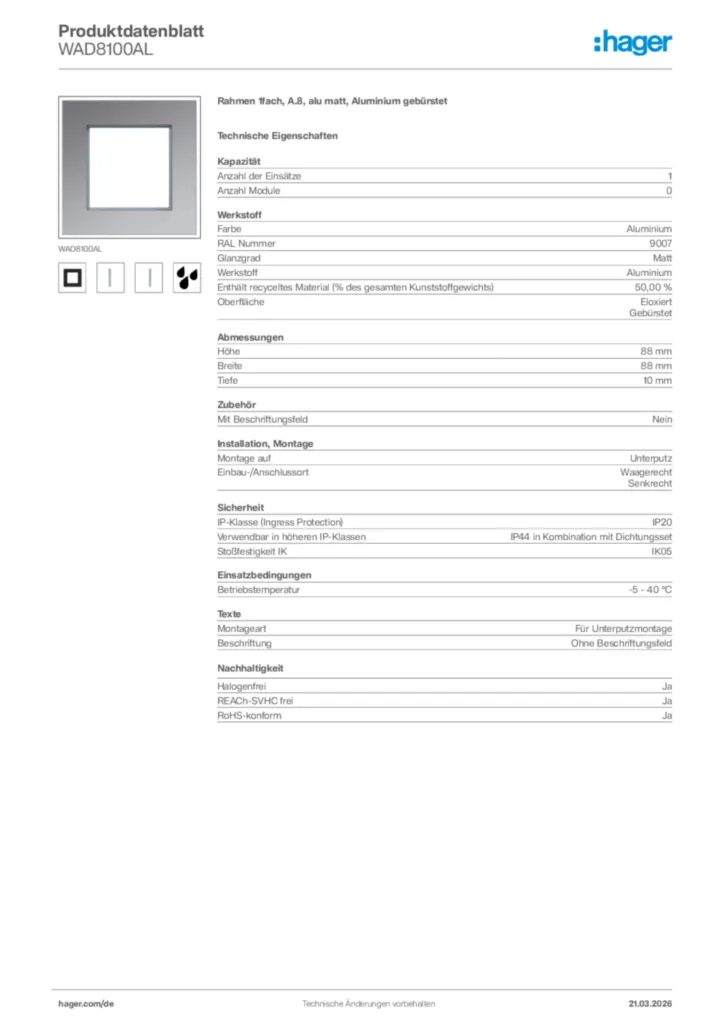 Bild Hager Produktdatenblatt WAD8100AL | Hager Deutschland