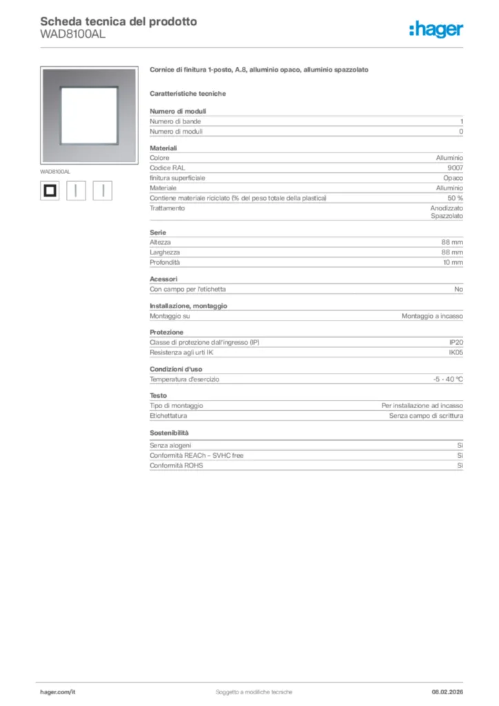 Immagine Hager Scheda tecnica del prodotto WAD8100AL | Hager Italia