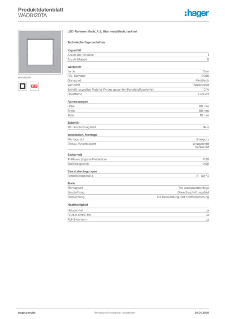 Bild Hager Produktdatenblatt WAD8120TA | Hager Deutschland