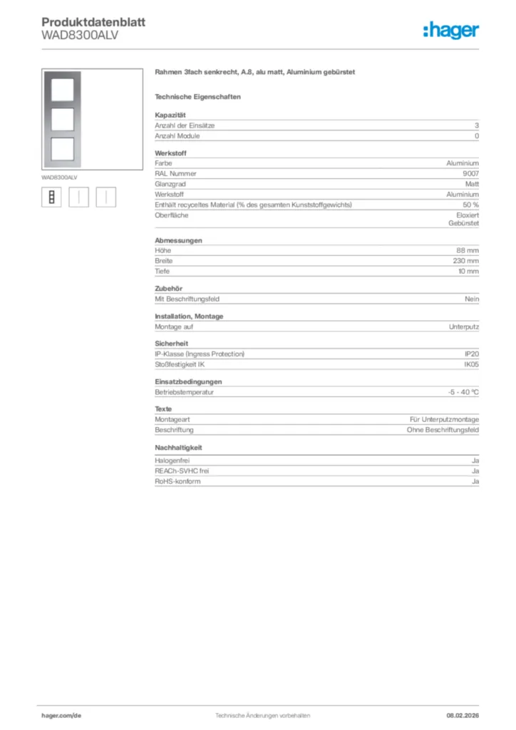 Bild Hager Produktdatenblatt WAD8300ALV | Hager Deutschland
