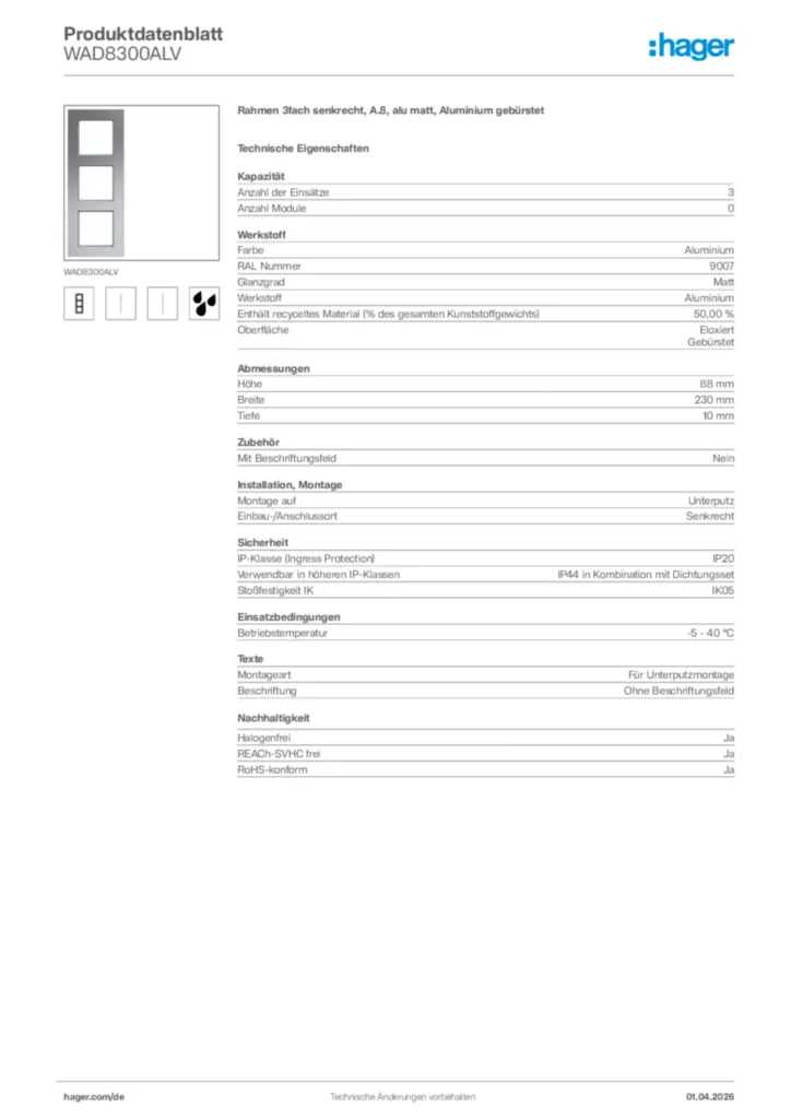 Bild Hager Produktdatenblatt WAD8300ALV | Hager Deutschland