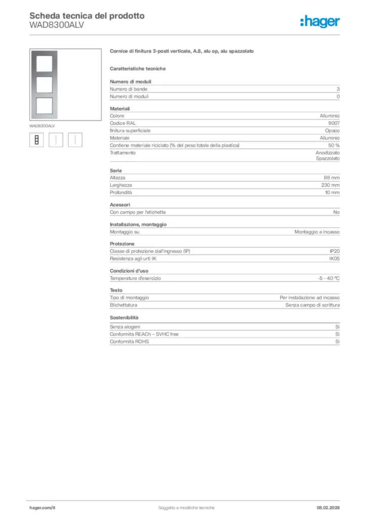Immagine Hager Scheda tecnica del prodotto WAD8300ALV | Hager Italia
