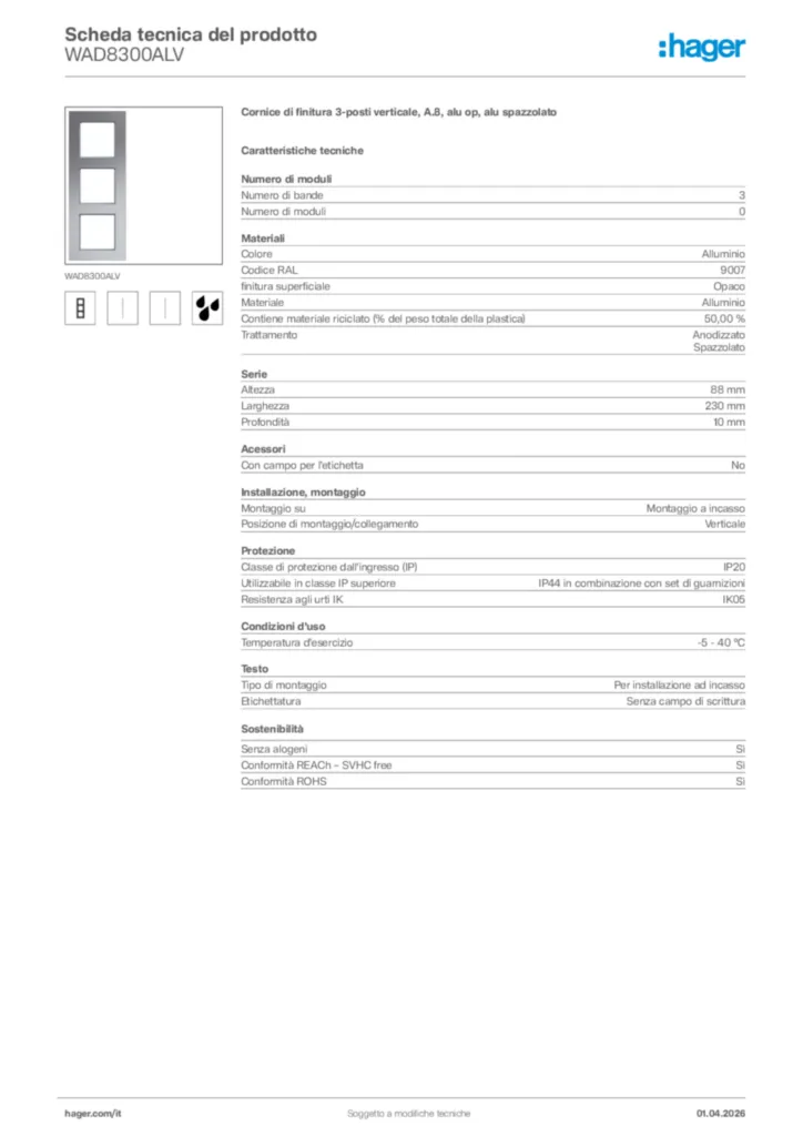 Immagine Hager Scheda tecnica del prodotto WAD8300ALV | Hager Italia