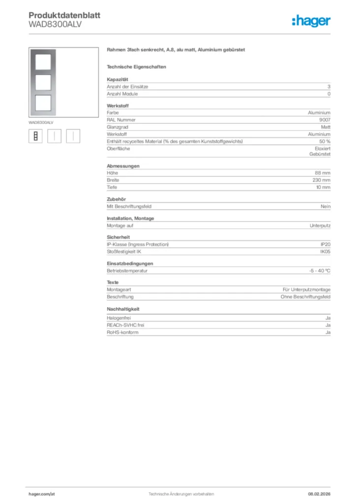 Bild Hager Produktdatenblatt WAD8300ALV | Hager Deutschland