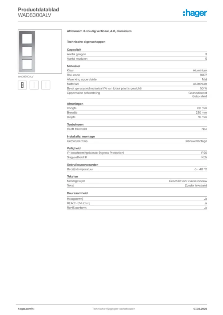 Afbeelding Hager Productdatablad WAD8300ALV | Hager Nederland