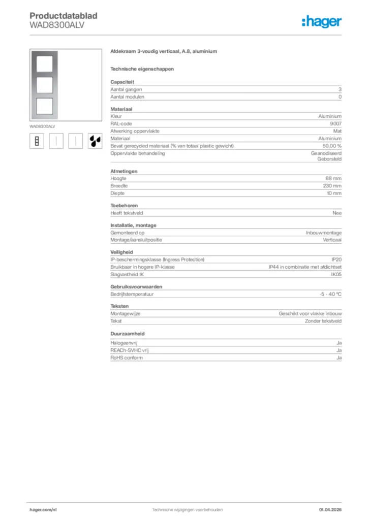 Afbeelding Hager Productdatablad WAD8300ALV | Hager Nederland