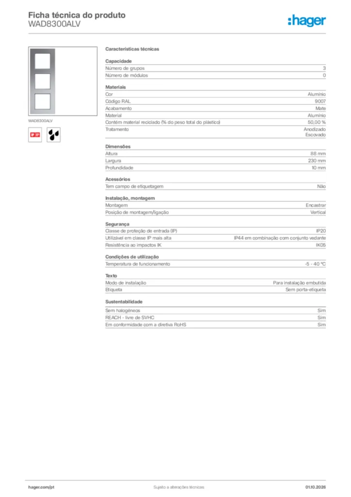 Imagem Hager Ficha técnica do produto WAD8300ALV | Hager Portugal