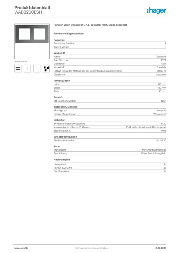 Bild Hager Produktdatenblatt WAD8200ESH | Hager Deutschland