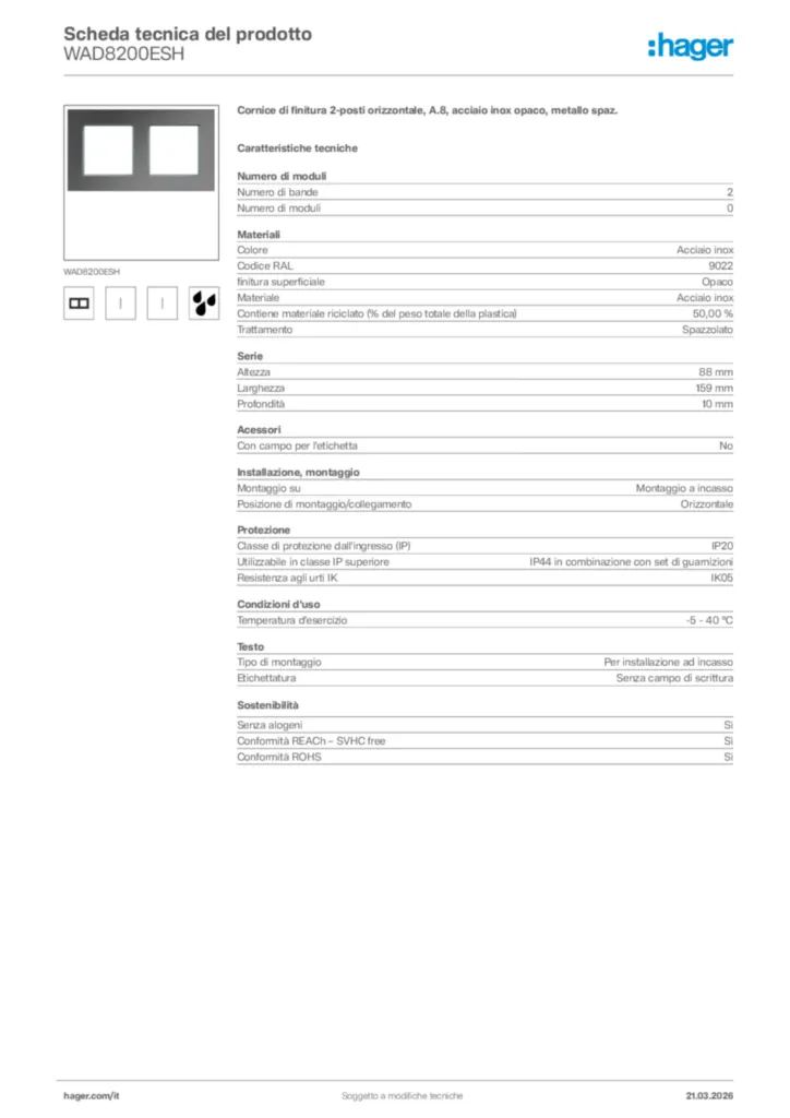 Immagine Hager Scheda tecnica del prodotto WAD8200ESH | Hager Italia