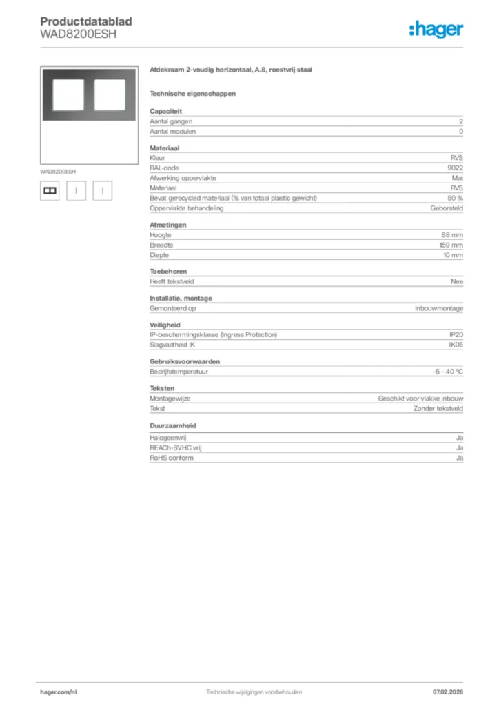 Afbeelding Hager Productdatablad WAD8200ESH | Hager Nederland