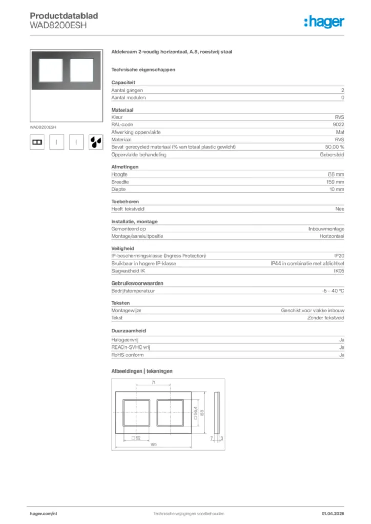 Afbeelding Hager Productdatablad WAD8200ESH | Hager Nederland