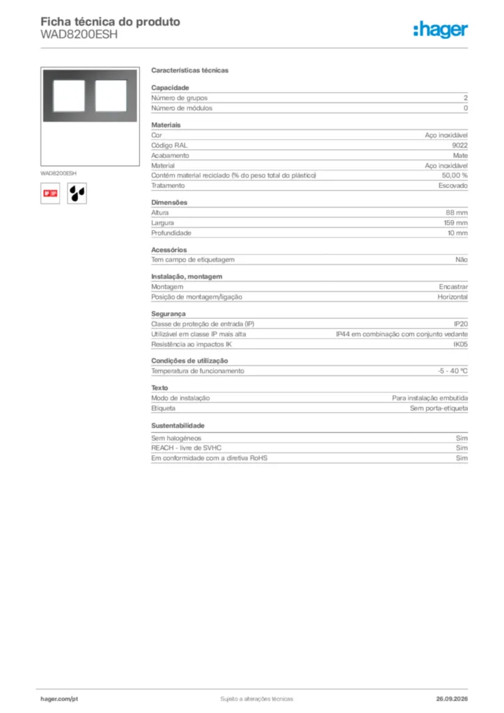 Imagem Hager Ficha técnica do produto WAD8200ESH | Hager Portugal