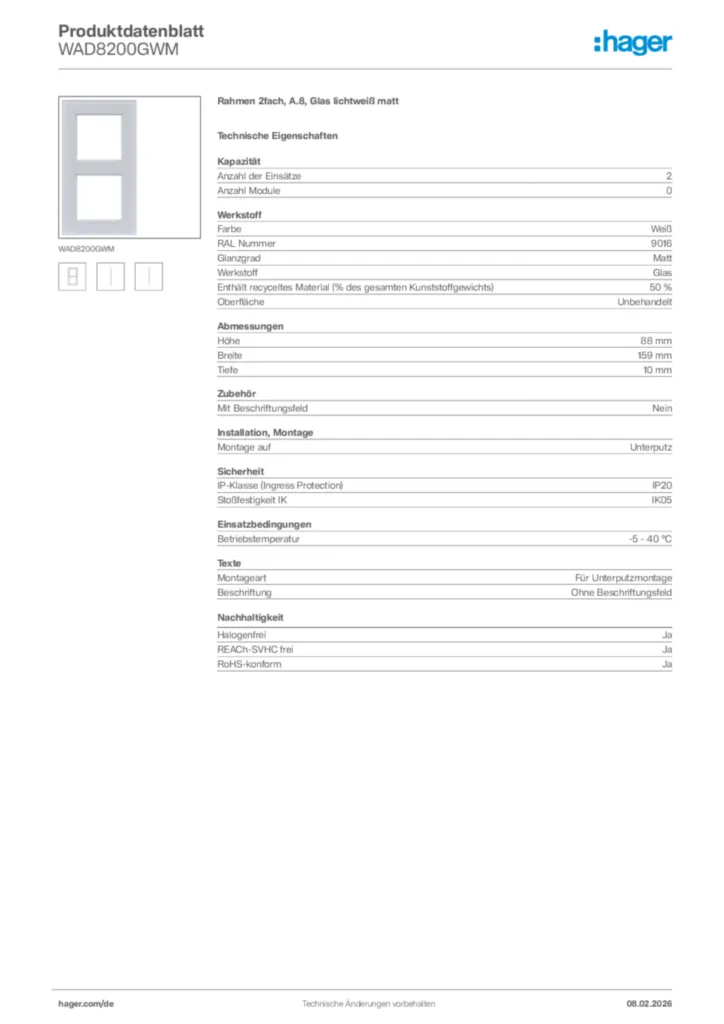 Bild Hager Produktdatenblatt WAD8200GWM | Hager Deutschland