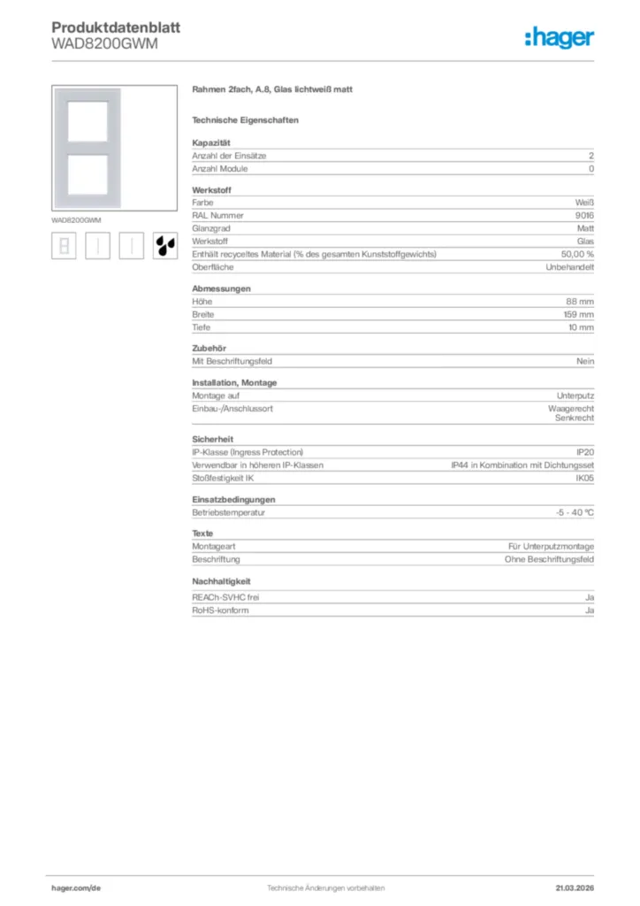 Bild Hager Produktdatenblatt WAD8200GWM | Hager Deutschland