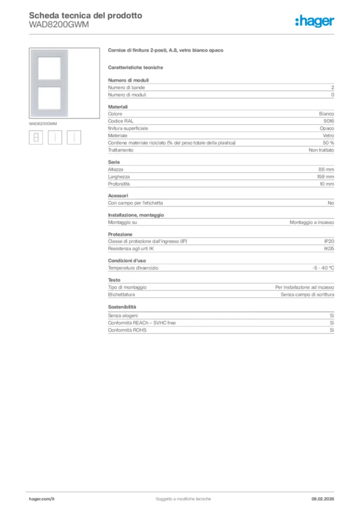 Immagine Hager Scheda tecnica del prodotto WAD8200GWM | Hager Italia