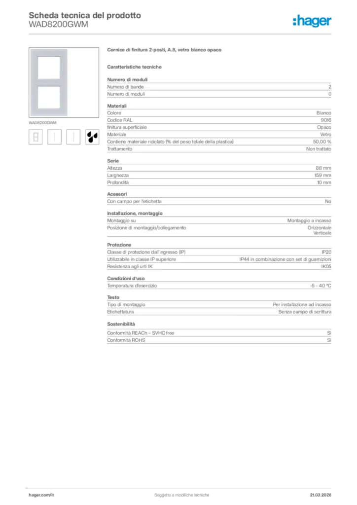 Immagine Hager Scheda tecnica del prodotto WAD8200GWM | Hager Italia