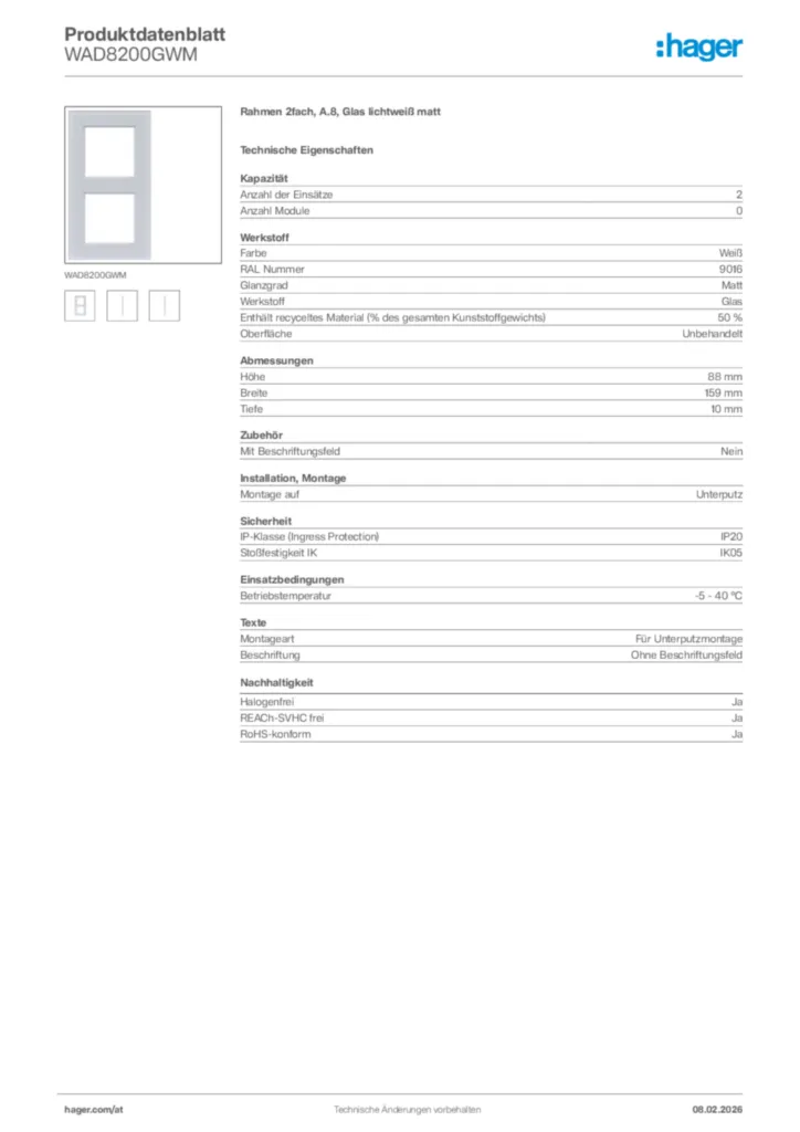 Bild Hager Produktdatenblatt WAD8200GWM | Hager Deutschland