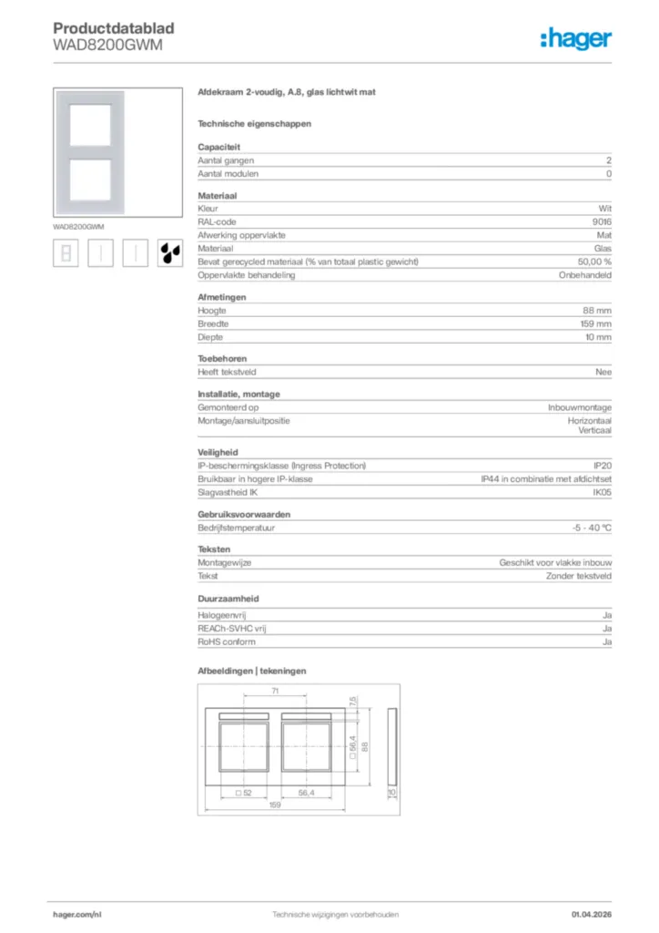 Afbeelding Hager Productdatablad WAD8200GWM | Hager Nederland