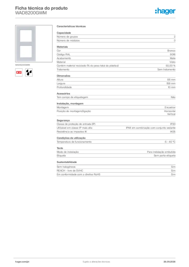 Imagem Hager Ficha técnica do produto WAD8200GWM | Hager Portugal