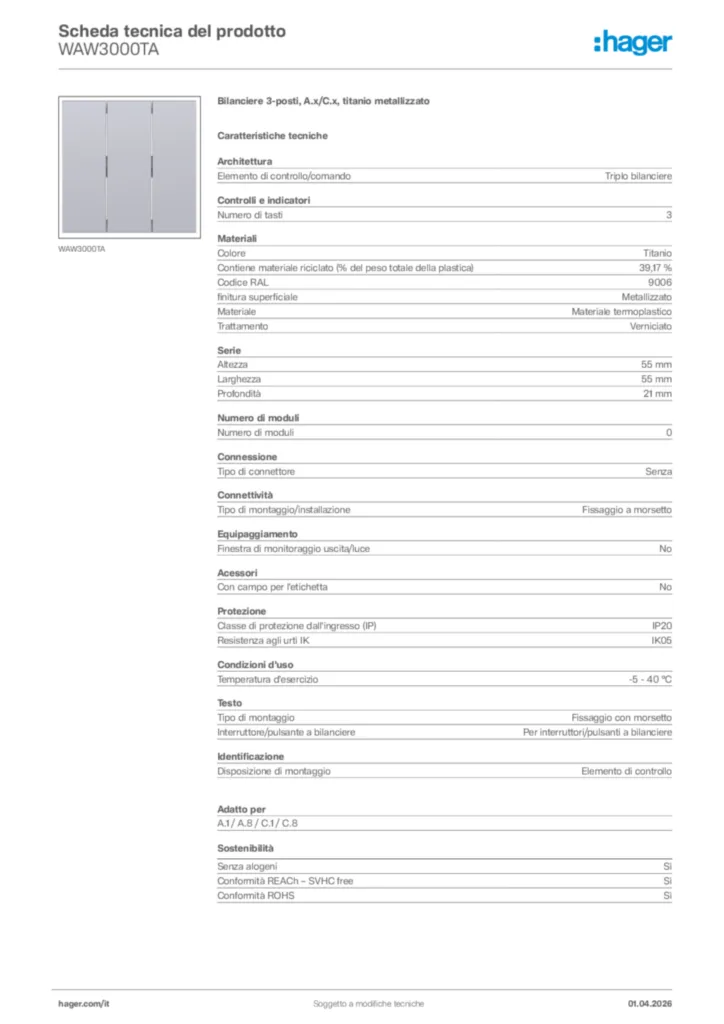 Immagine Hager Scheda tecnica del prodotto WAW3000TA | Hager Italia