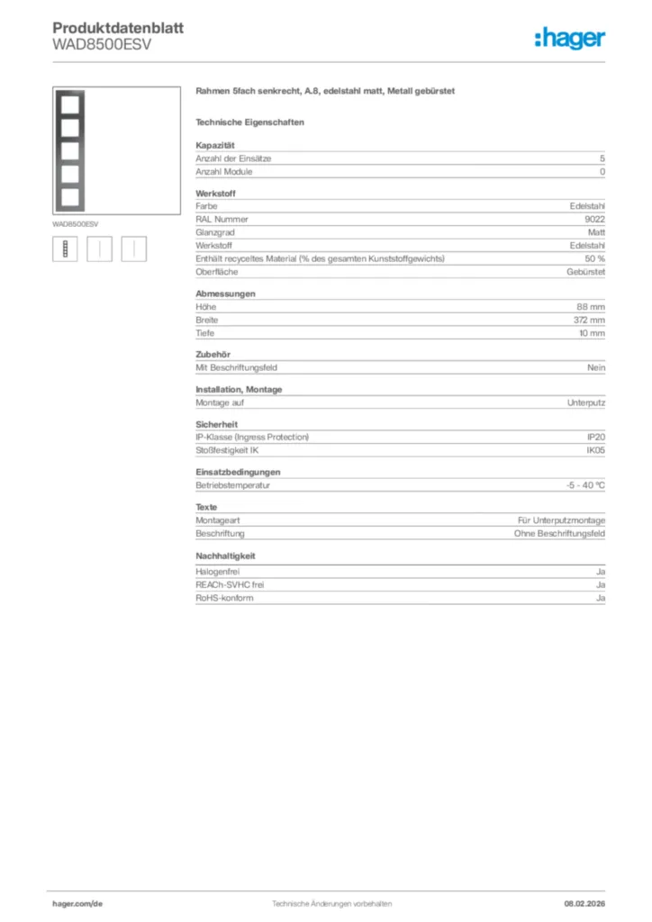 Bild Hager Produktdatenblatt WAD8500ESV | Hager Deutschland