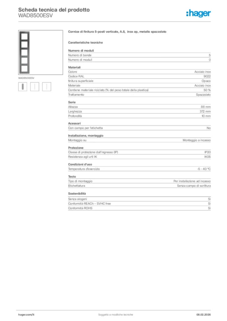 Immagine Hager Scheda tecnica del prodotto WAD8500ESV | Hager Italia