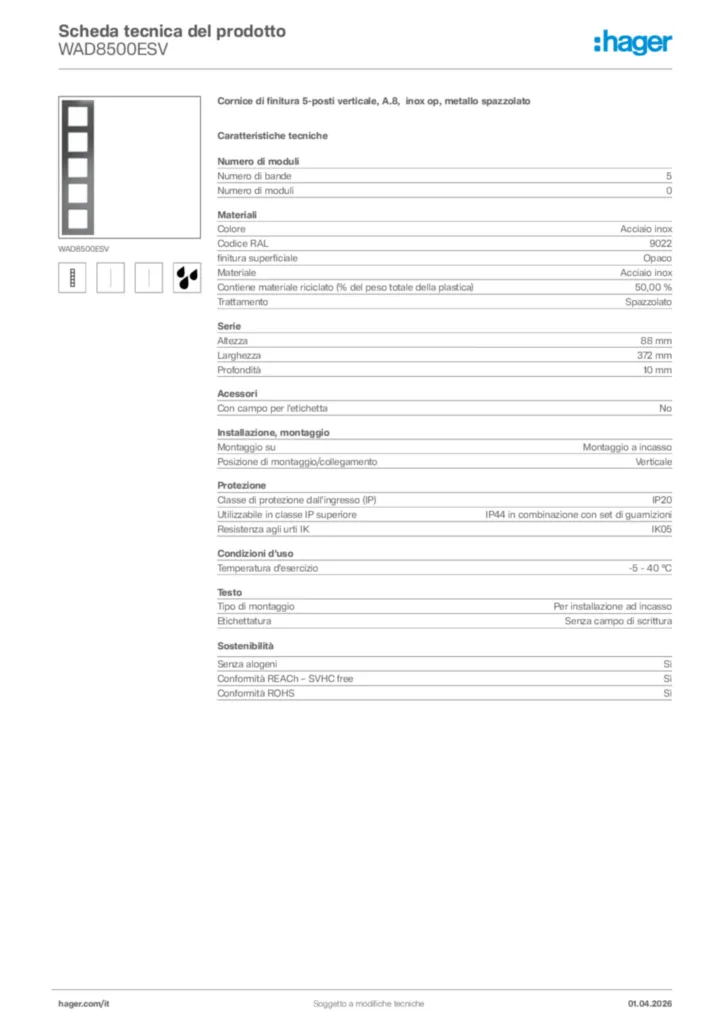 Immagine Hager Scheda tecnica del prodotto WAD8500ESV | Hager Italia
