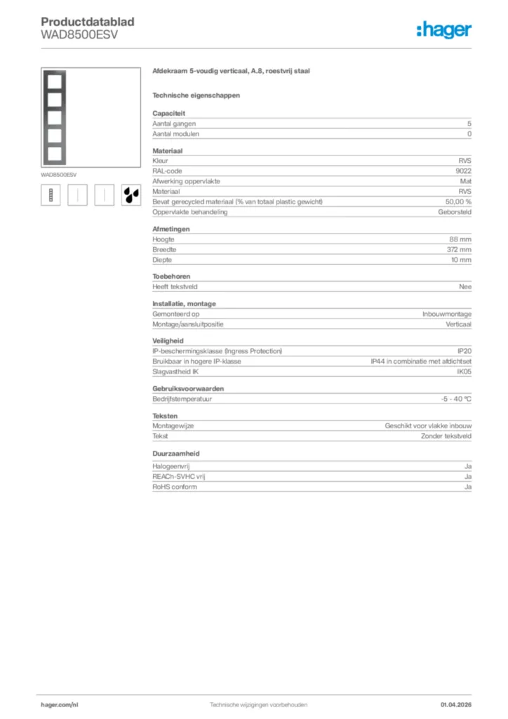 Afbeelding Hager Productdatablad WAD8500ESV | Hager Nederland