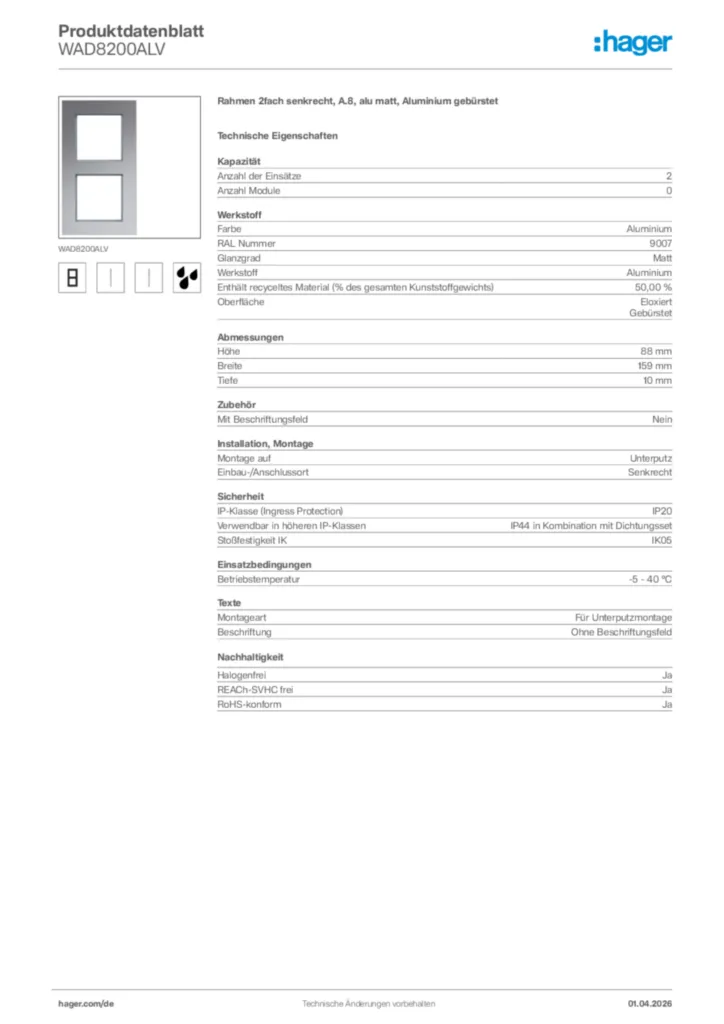 Bild Hager Produktdatenblatt WAD8200ALV | Hager Deutschland