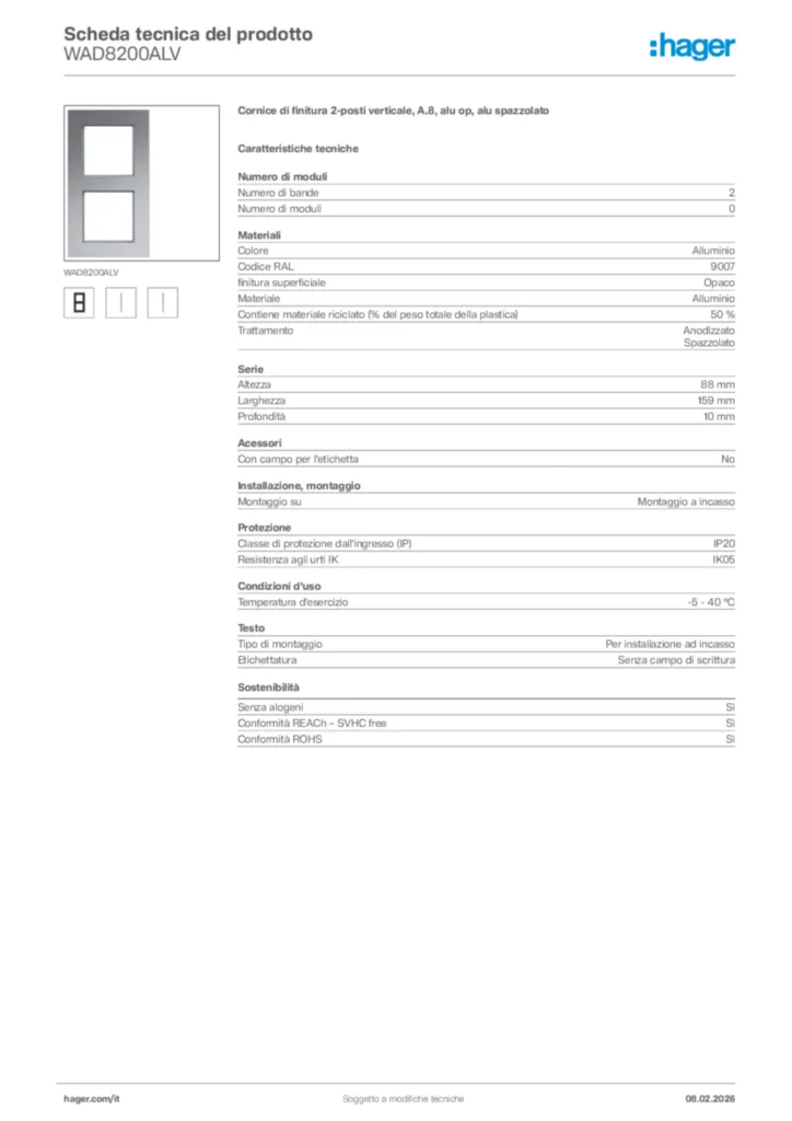 Immagine Hager Scheda tecnica del prodotto WAD8200ALV | Hager Italia