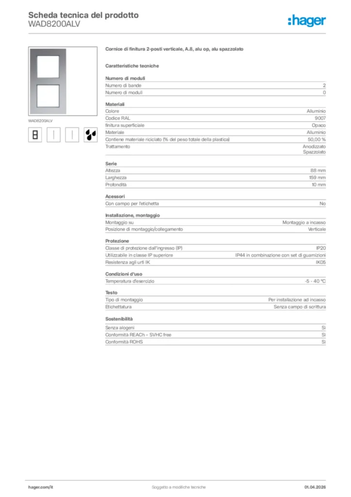 Immagine Hager Scheda tecnica del prodotto WAD8200ALV | Hager Italia