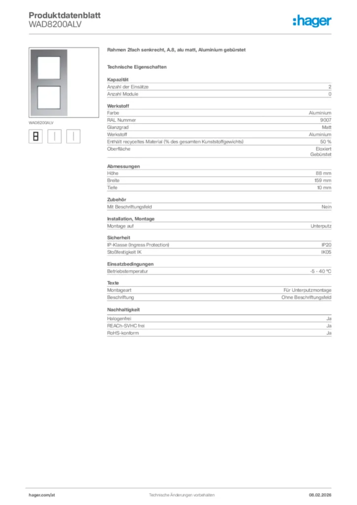 Bild Hager Produktdatenblatt WAD8200ALV | Hager Deutschland