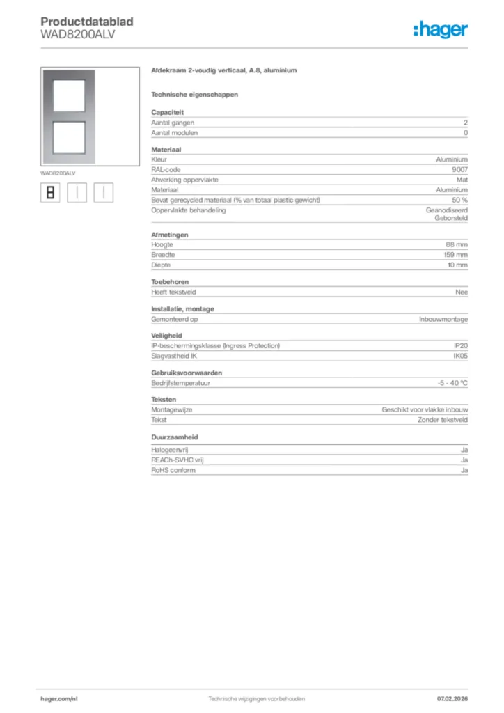Afbeelding Hager Productdatablad WAD8200ALV | Hager Nederland
