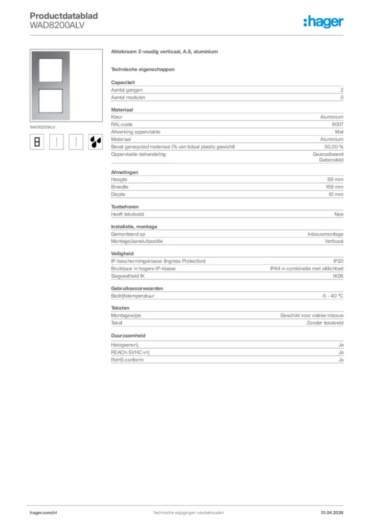 Afbeelding Hager Productdatablad WAD8200ALV | Hager Nederland