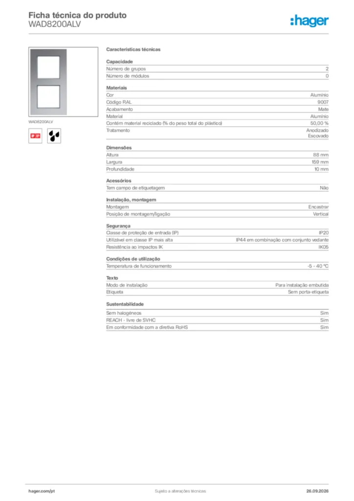 Imagem Hager Ficha técnica do produto WAD8200ALV | Hager Portugal