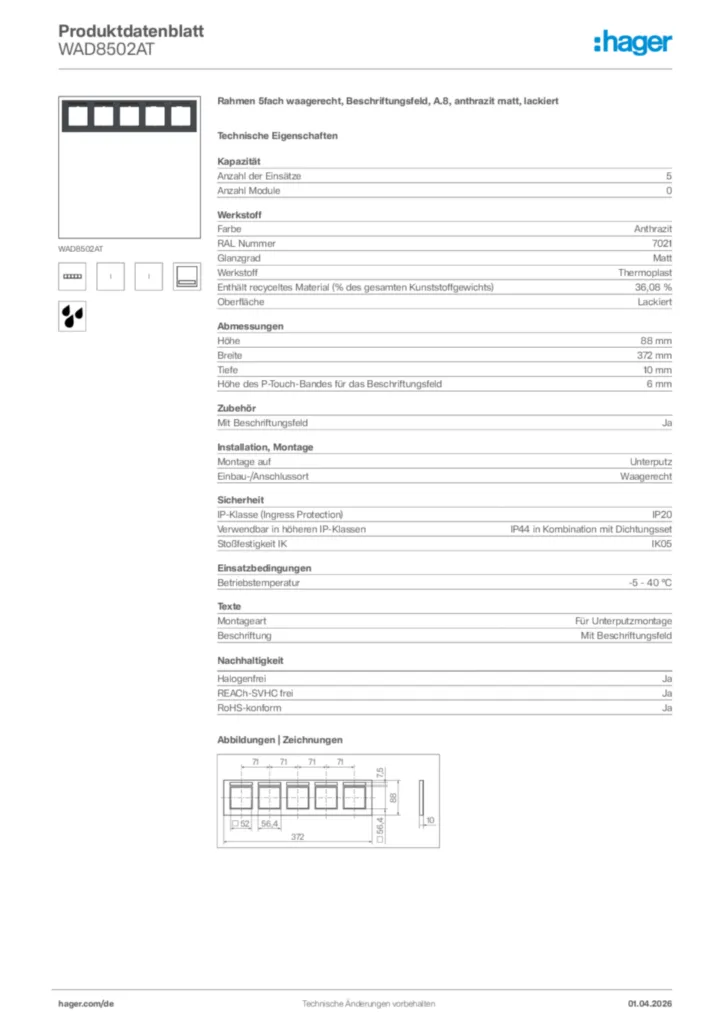 Bild Hager Produktdatenblatt WAD8502AT | Hager Deutschland
